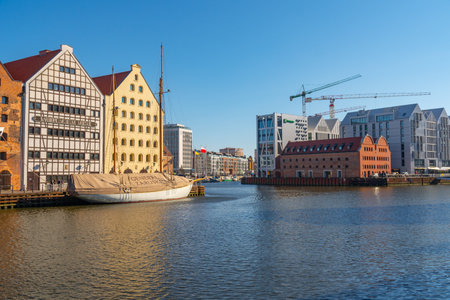 Gdansk, Poland - 11 March, 2022: Beautiful Old town of Gdansk at Motlawa river. Travel