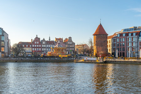 Gdansk, Poland - 11 March, 2022: Beautiful Old town of Gdansk at Motlawa river. Travel