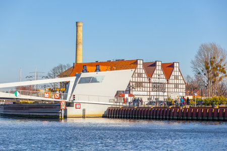 Gdansk, Poland - 12 March, 2022: View of Motlawa river and architecture of Gdansk. Travel