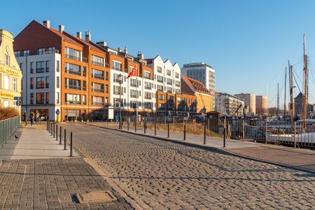 Gdansk, Poland - 11 March, 2022: Ships sailing on Motlawa river. Travel