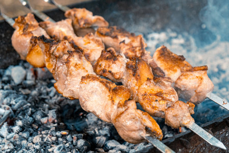 Traditional georgian mtsvadi, grill on the coals with smoke. Shashlik, barbecueの写真素材