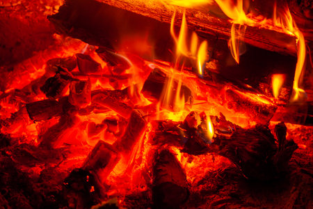 Close up shot of burning firewood in the fireplace, wormの写真素材