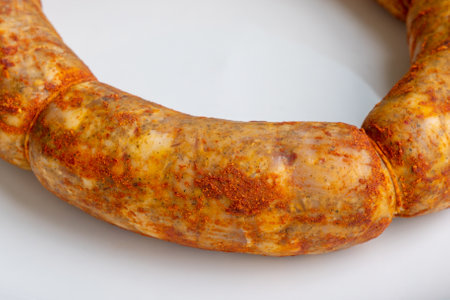 Traditional Georgian sausage Kupati, mainly produced in the Mingrelia region. Food on white plateの写真素材