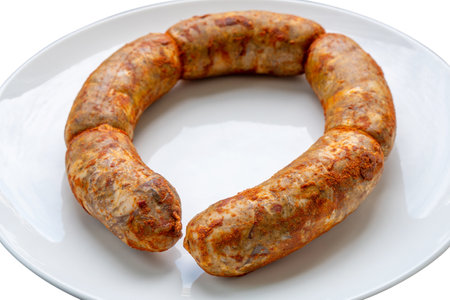 Traditional Georgian sausage Kupati, mainly produced in the Mingrelia region. Food on white plateの写真素材