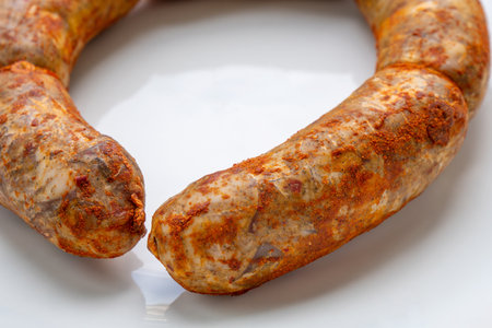 Traditional Georgian sausage Kupati, mainly produced in the Mingrelia region. Food on white plateの写真素材