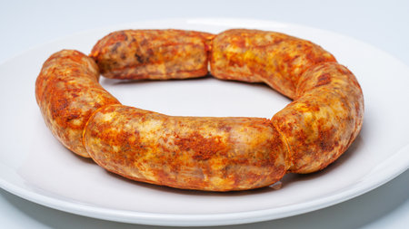 Traditional Georgian sausage Kupati, mainly produced in the Mingrelia region. Food on white plateの写真素材