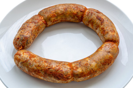 Traditional Georgian sausage Kupati, mainly produced in the Mingrelia region. Food on white plateの写真素材