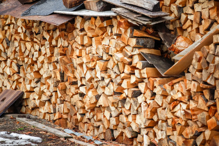 Preparation of firewood for the winter. firewood background, Stacks of firewoodの写真素材