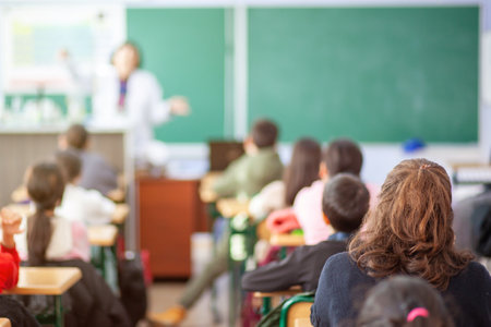School children are participating actively in class, education.Cchemistry lessonの写真素材
