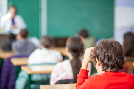 School children are participating actively in class, education.Cchemistry lessonの写真素材