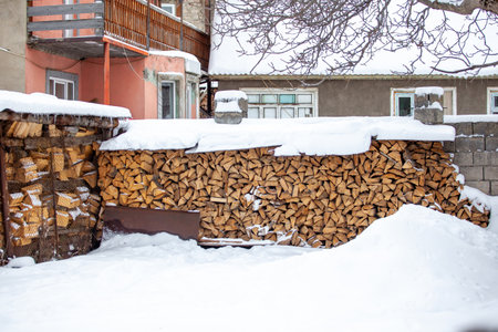 Preparation of firewood for the winter. firewood background, Stacks of firewoodの写真素材