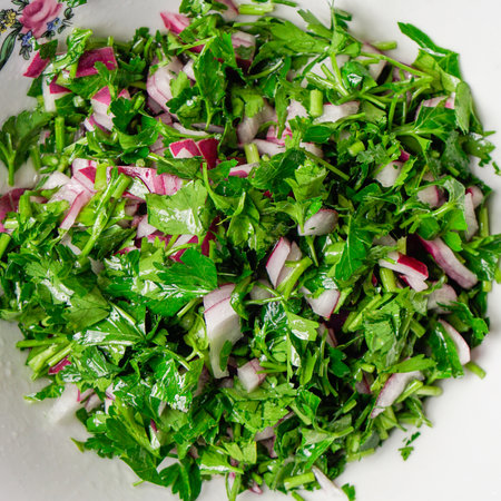 Chopped Parsley Salad with Onions in Ceramic Bowl. Foodの写真素材
