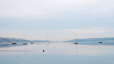 Tbilisi sea, reservoir and boats with deflated sails. Landscapeの写真素材