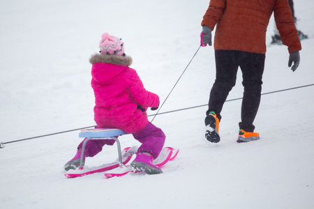 Kids with sledge climbing at the snowy hill on winter park in Bakuriani, Georgiaの写真素材