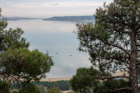 Tbilisi sea, reservoir and boats with deflated sails. Landscapeの写真素材
