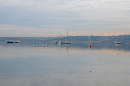 Tbilisi sea, reservoir and boats with deflated sails. Landscapeの写真素材