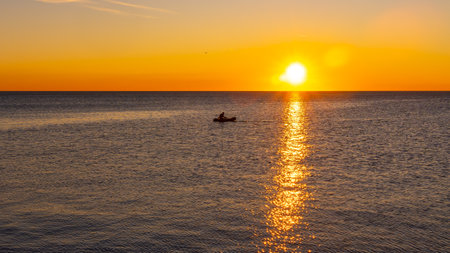 Beautiful sunset on the Black sea. Gold sea sunset. Poti, Georgiaの写真素材