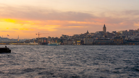 Galata Tower and Golden Horn bay at night. Istanbul, Turkey. Travelの写真素材