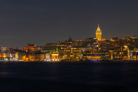 Galata Tower and Golden Horn bay at night. Istanbul, Turkey. Travelの写真素材