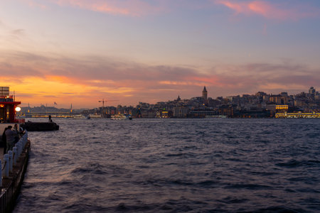 Galata Tower and Golden Horn bay at night. Istanbul, Turkey. Travelの写真素材