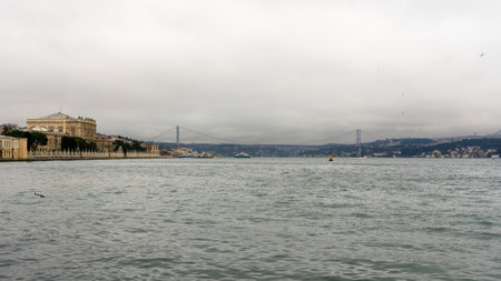 Panoramic view of the Bosphorus Bridge and the Bosphorus Strait in the rainy day. Travelの写真素材