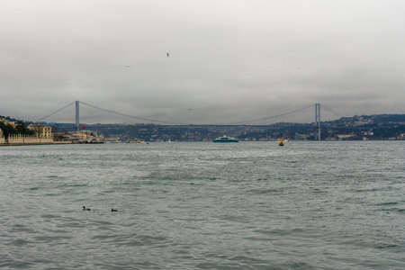 Panoramic view of the Bosphorus Bridge and the Bosphorus Strait in the rainy day. Travelの写真素材