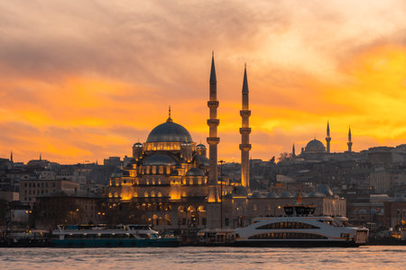 Yeni Mosque on Bosphorus at sunset. Beautiful view of Istanbul. Travelの写真素材