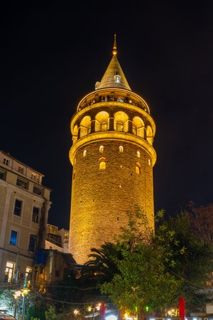 Galata Tower in Istanbul at night. Popular tourist spot in Istanbul. Travelの写真素材