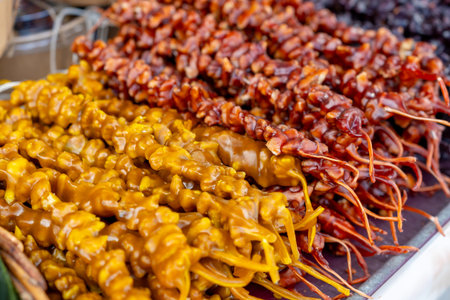 various colorful Churchkhela sold and displayed by street vendors throughout Georgia. Travelの写真素材