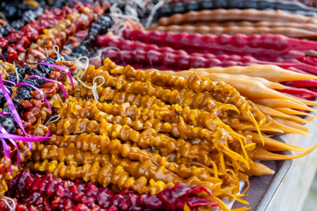 various colorful Churchkhela sold and displayed by street vendors throughout Georgia. Travelの写真素材