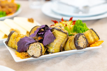 Eggplant rolls with nuts. Dish of Georgian cuisine. Healthy foodの写真素材