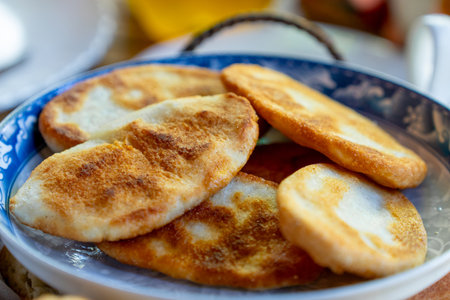 Mchadi georgian food made from corn flour on the plate. Georgian cuisine. Foodの写真素材
