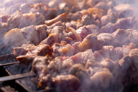 Traditional georgian mtsvadi, grill on the coals with smoke. Shashlikの写真素材