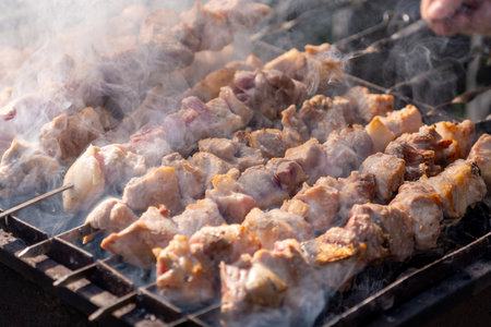 Traditional georgian mtsvadi, grill on the coals with smoke. Shashlikの写真素材