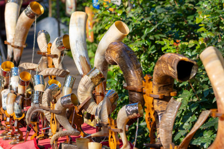 Horns for drinking wine. Street market in Tbilisi. Travel