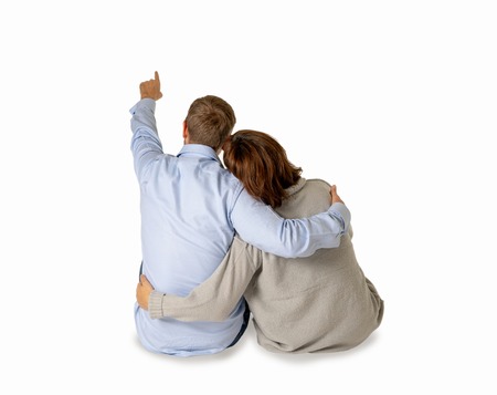 Happy couple isolated on white background with copy space Thinking and Planning wealthy future together in Love, Buying First house, having Child Baby and family financial well-being concept.の写真素材