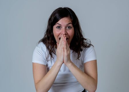 Human emotions and expressions. Portrait of beautiful shocked woman hearing unexpected news, winning...