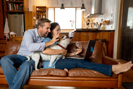 Happy couple and pet dog video calling friends using laptop. Man and woman online chatting celebrating easing of coronavirus restrictions. Hope and positive images of Life at Home and New Normal.の写真素材