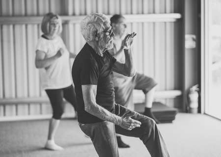 Group of seniors in Tai Chi class exercising in an active retirement lifestyle. Mental and physical health benefits of exercise and fitness in elderly people. Senior health care and wellbeing concept.の写真素材