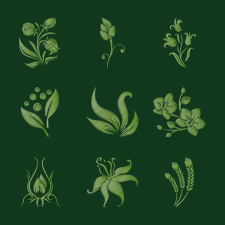 Set of isolated flowers. Imitation of embroidery. Vector illustration.のイラスト素材