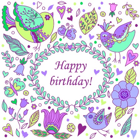 Happy birthday floral frame with birds, doodle invitation background and greeting card. Vector illustrationのイラスト素材