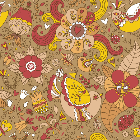 Decorative seamless background pattern with contour drawing of flowers and birds. Textile and wallpaper background. Vector illustrationのイラスト素材