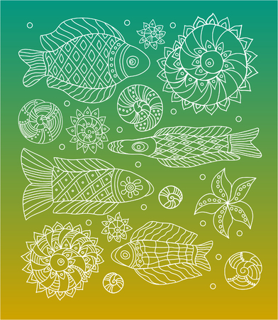 Fishes, shells, sea anemones, and starfish elements set. Elements for your design. Vector illustrationのイラスト素材
