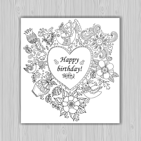 Contour heart banner for life events with contour drawing of flowers and birds. Vector illustration.  Place for text. Easy to edit. Use for invitations announcements.のイラスト素材