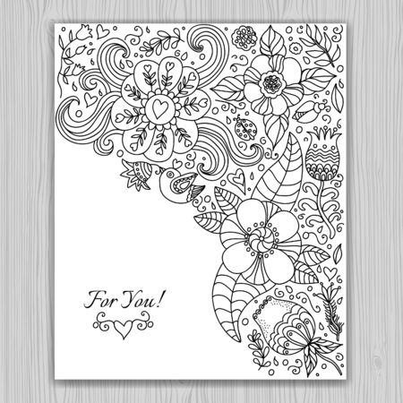 Black and white floral banner for life events, doodle invitation background and greeting card. Vector illustration.  Place for text. Easy to edit.のイラスト素材