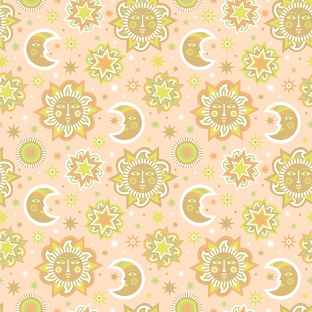 Sun and stars background seamless pattern. Wallpaper for children's room. Vector illustrationのイラスト素材