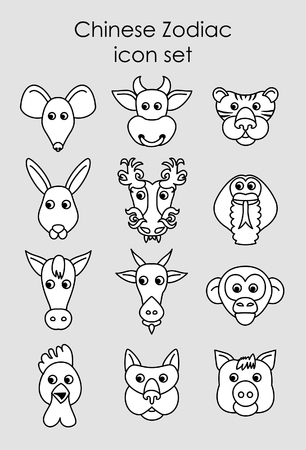 Set chinese zodiac animal contour icons. Vector illustration.のイラスト素材