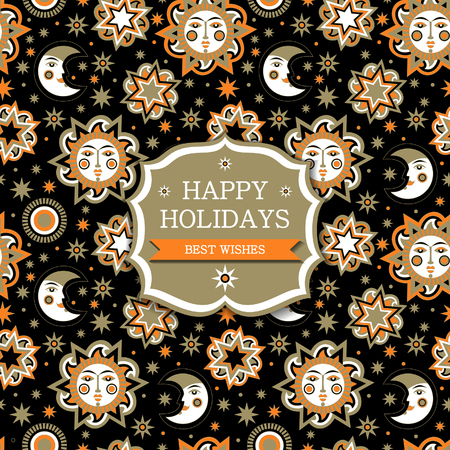 Greeting card with sun and stars seamless pattern background. Wallpaper for children's room. Vector illustrationのイラスト素材