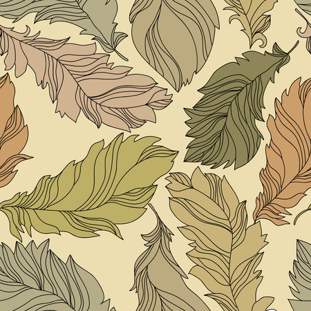 Decorative seamless background pattern with contour drawing olive feathers. Vector illustration.のイラスト素材
