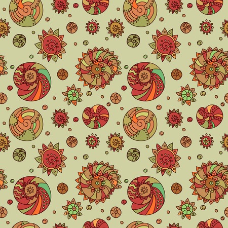 Olive decorative seamless background pattern with contour drawing of shells. Textile and wallpaper sea background. Vector illustrationのイラスト素材